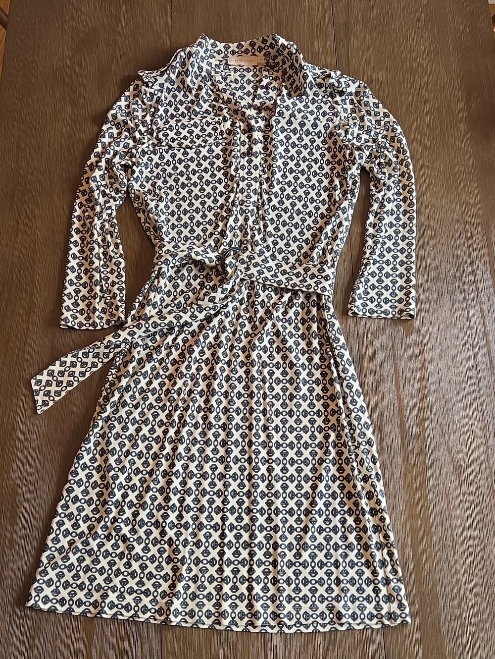 Tory Burch Printed Jersey Belted Shirt Dress w Green & Black Link Print Sz Small
